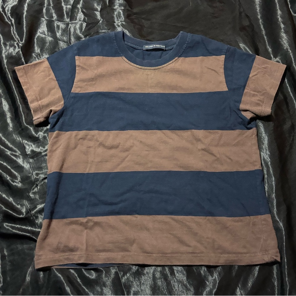 Brandy Melville Navy and Brown Striped Short Sleeve Shirt